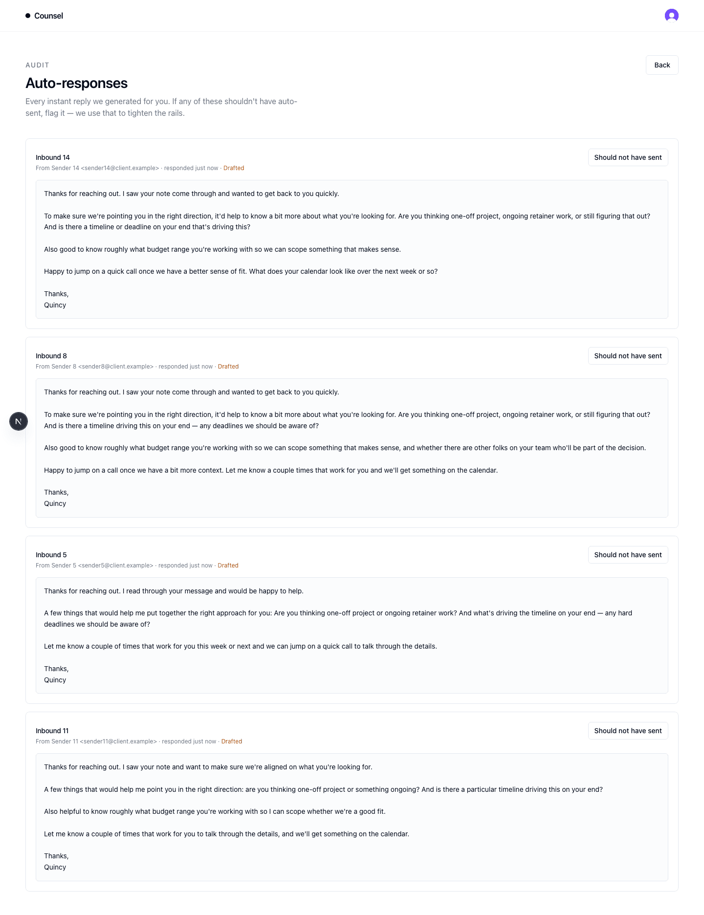 Auto-responses audit page with rail badges